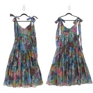 Francescas Audrey Parks Women M Alahna Dress Sage Green Tie Strap Floral Tiered